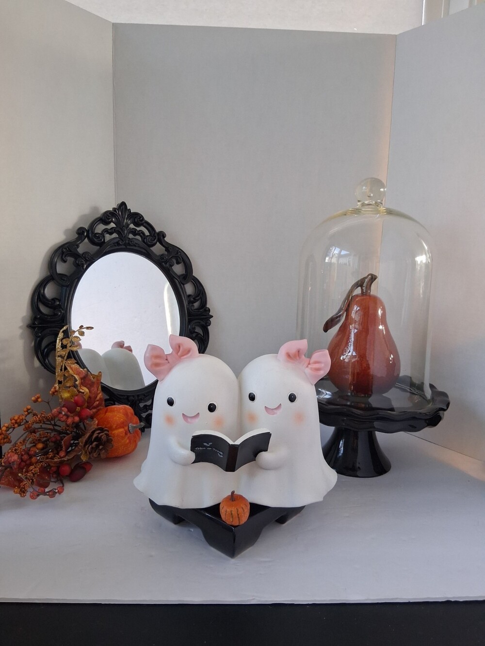 Coquette 2024 Ghost Twin Girls Figure w/ Pink Bows Reading Book; Halloween Decor